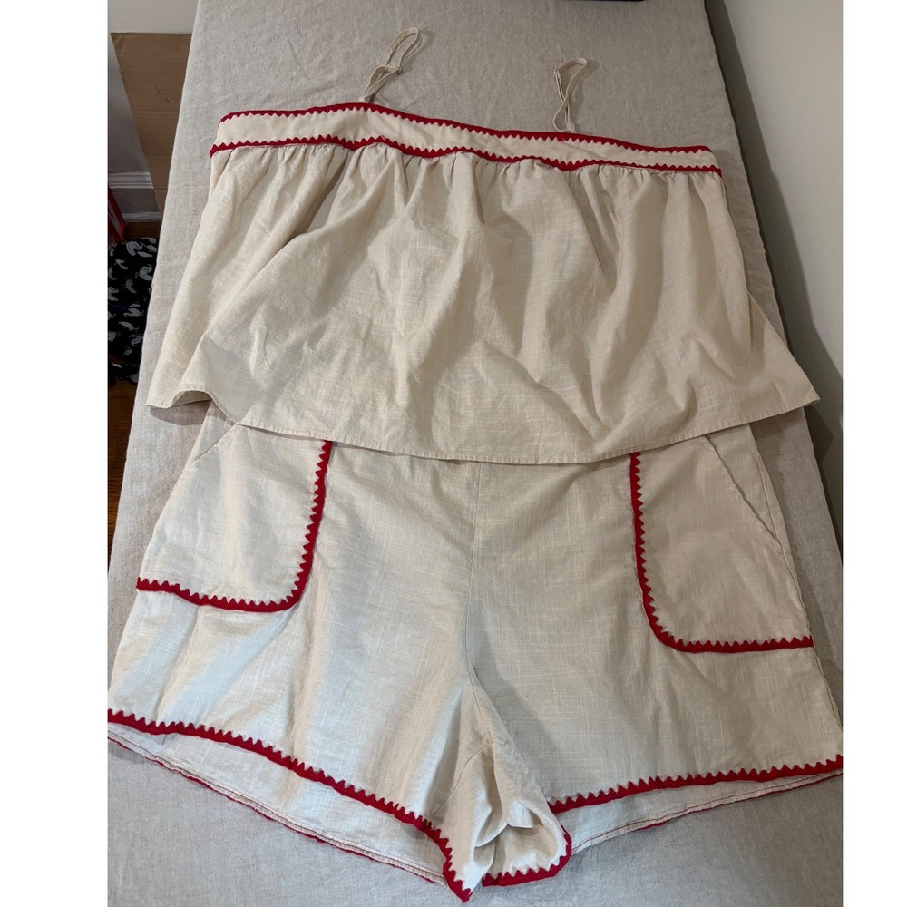 Beige Linen Blend 2 Piece Set Ric Rac Trim Camisole Top and Shorts, Sz 2X Boho